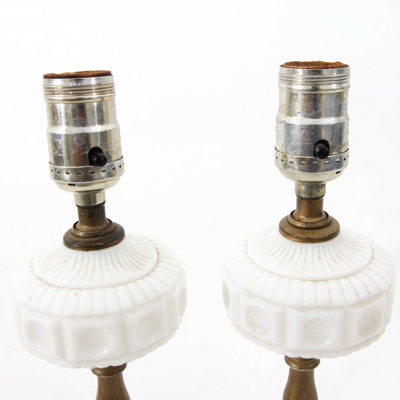 Pair of Vintage Turned Brass and Milk Glass Table Lamps