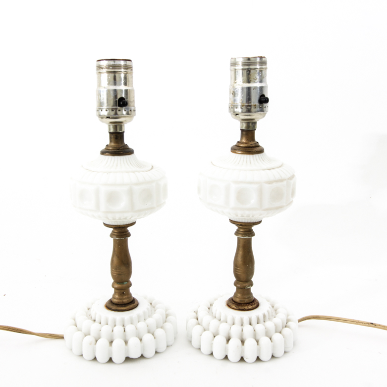 Pair of Vintage Turned Brass and Milk Glass Table Lamps