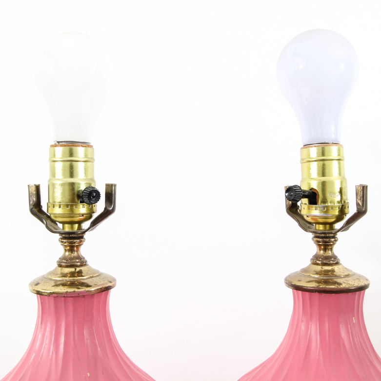 Pair of Pink Painted Metal Table Lamps