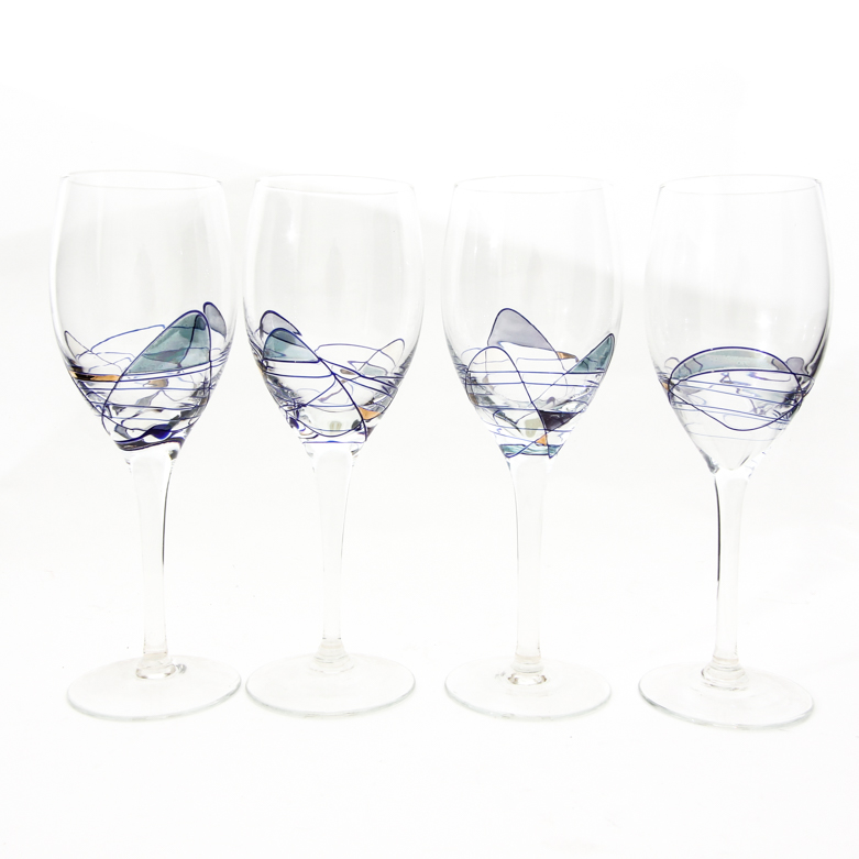 Set of Hand Blown and Hand-Painted White Wine Glasses