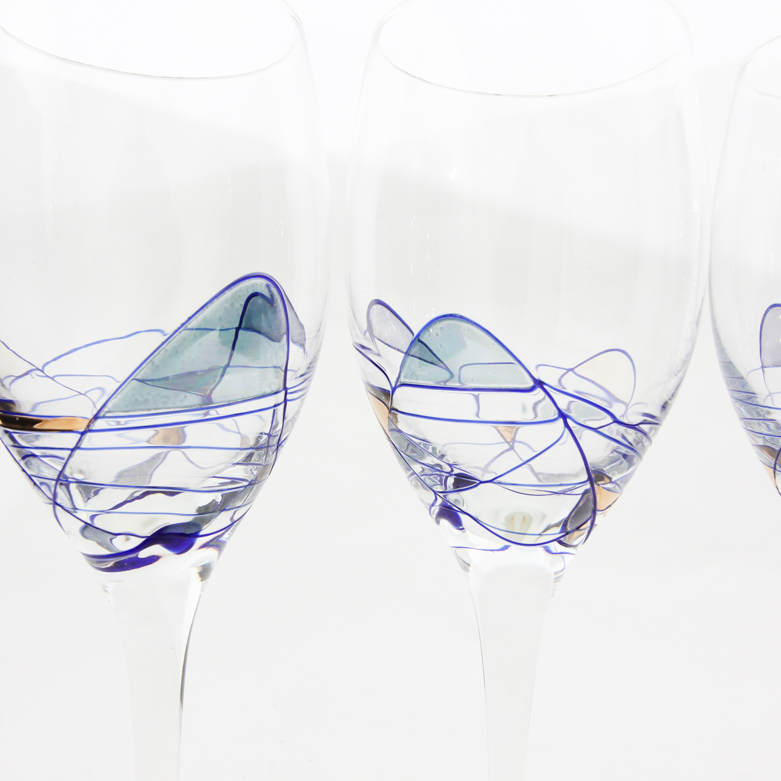 Set of Hand Blown and Hand-Painted White Wine Glasses