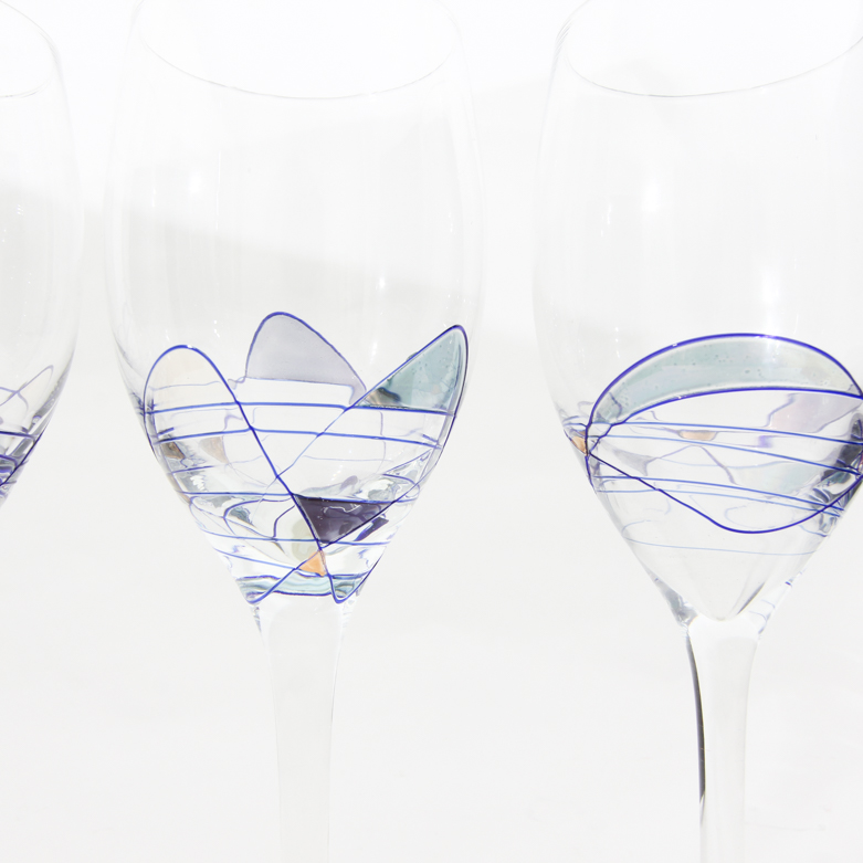 Set of Hand Blown and Hand-Painted White Wine Glasses