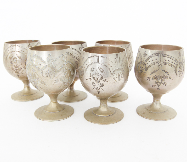 Etched Silver Plated Cordial Goblets from India