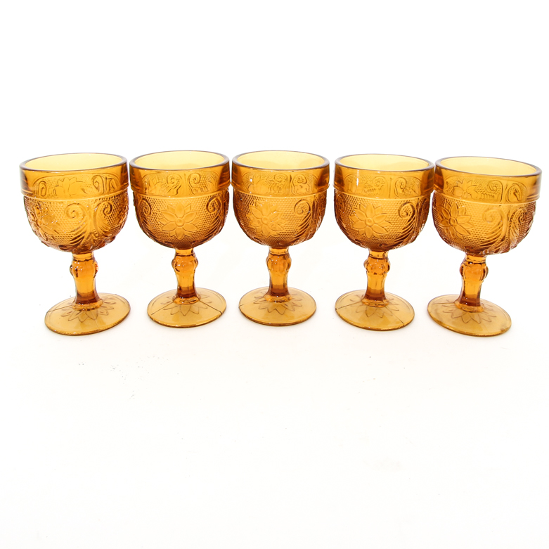 Vintage Tiara Indiana Sandwich Pattern Amber Glass Goblets