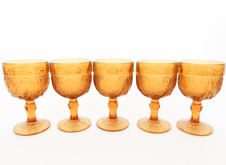 Vintage Tiara Indiana Sandwich Pattern Amber Glass Goblets
