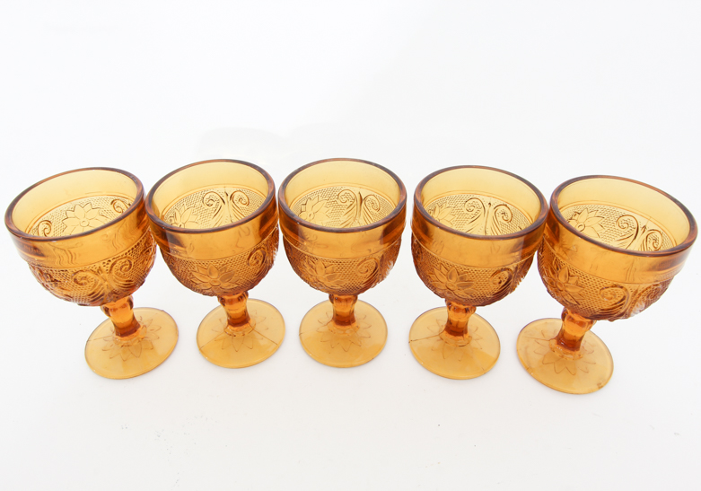 Vintage Tiara Indiana Sandwich Pattern Amber Glass Goblets