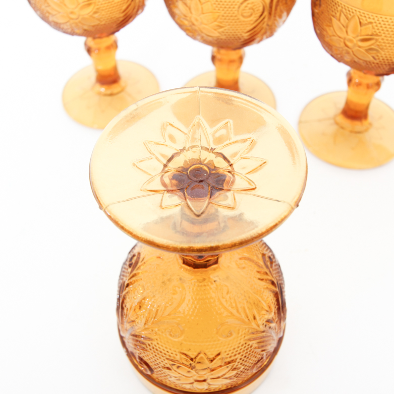 Vintage Tiara Indiana Sandwich Pattern Amber Glass Goblets