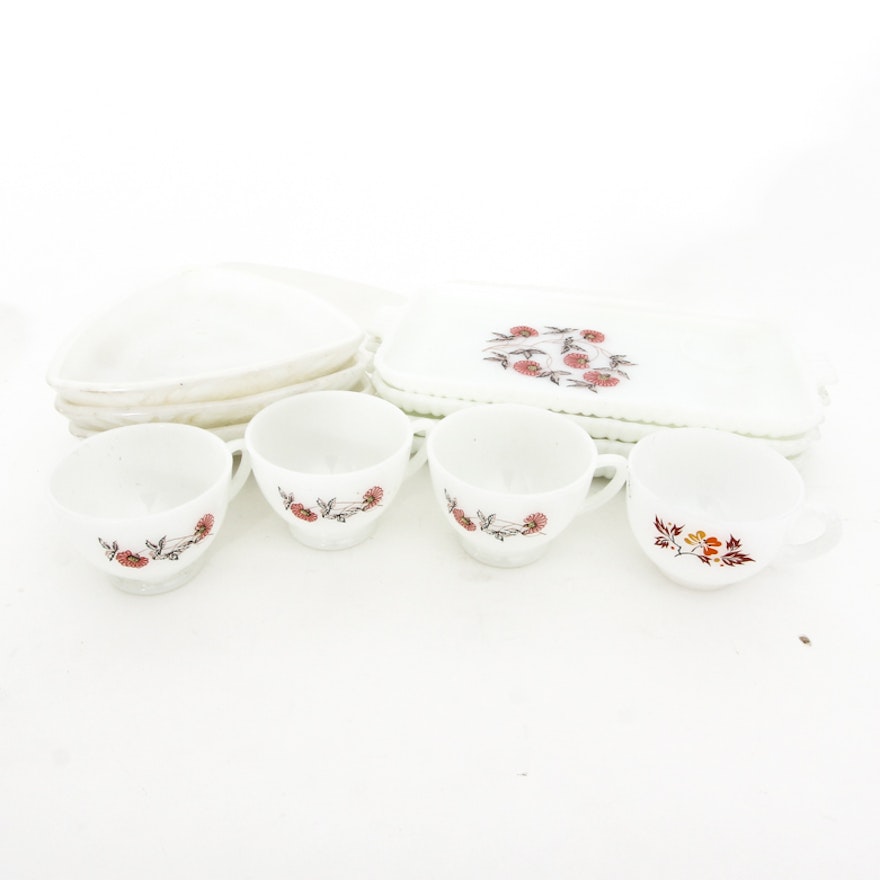 Vintage Anchor Hocking Milk Glass Snack Set "Fleurette"