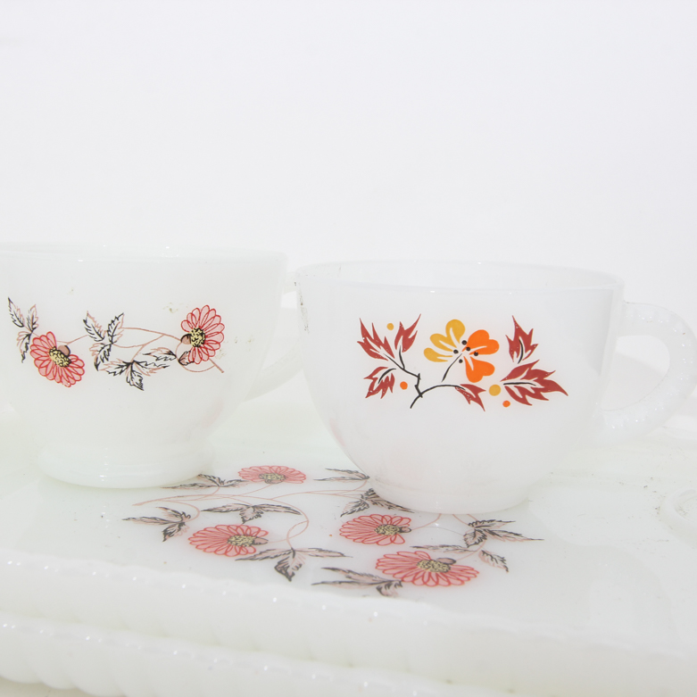 Vintage Anchor Hocking Milk Glass Snack Set "Fleurette"