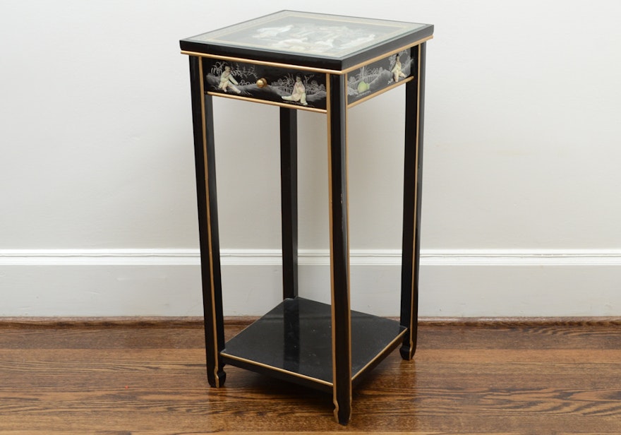 Chinoiserie Black Lacquered Accent Table with Narrative Scenes