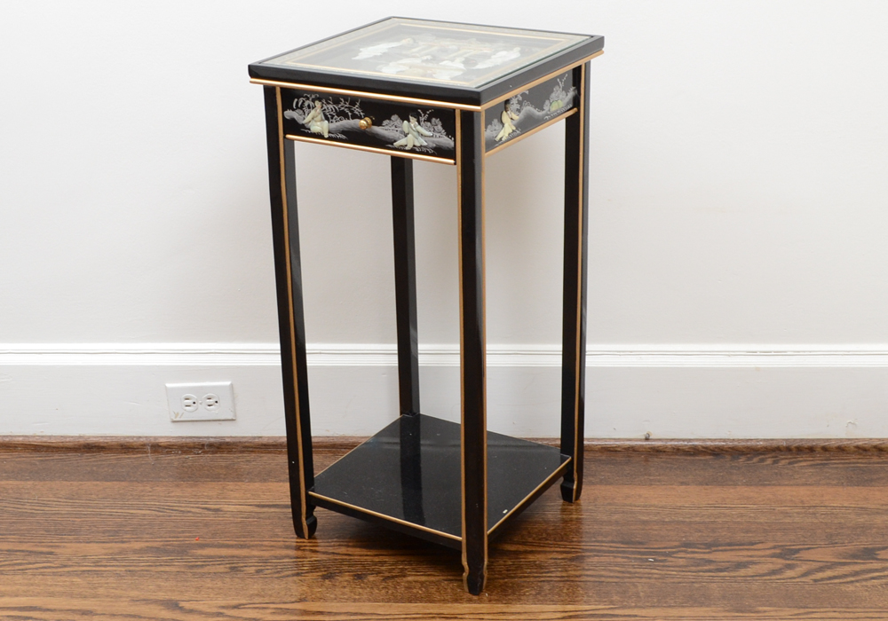 Chinese Black Lacquer Accent Table with Hand-Carved Mother-of-Pearl