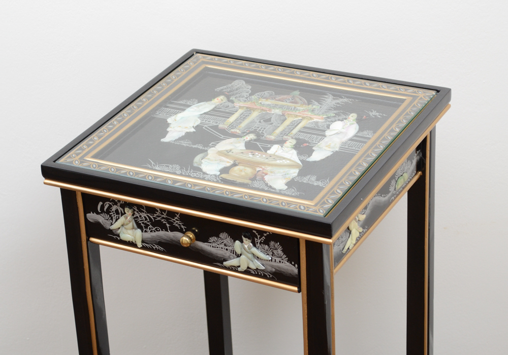 Chinese Black Lacquer Accent Table with Hand-Carved Mother-of-Pearl