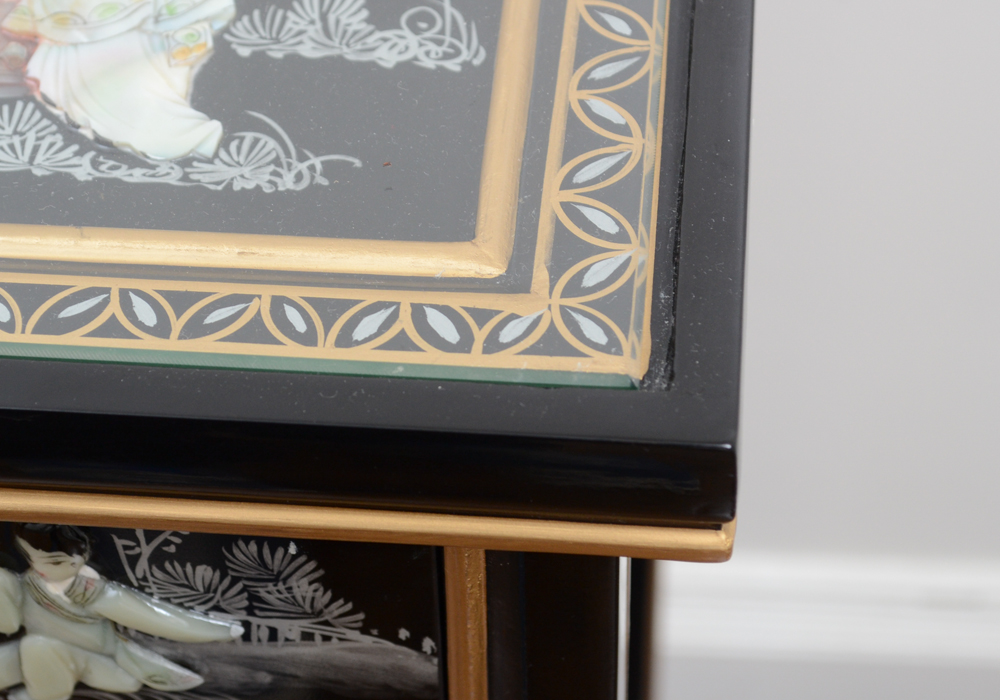 Chinese Black Lacquer Accent Table with Hand-Carved Mother-of-Pearl