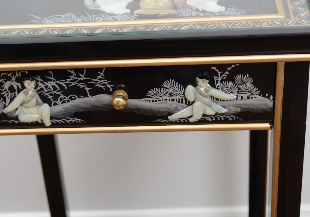 Chinese Black Lacquer Accent Table with Hand-Carved Mother-of-Pearl