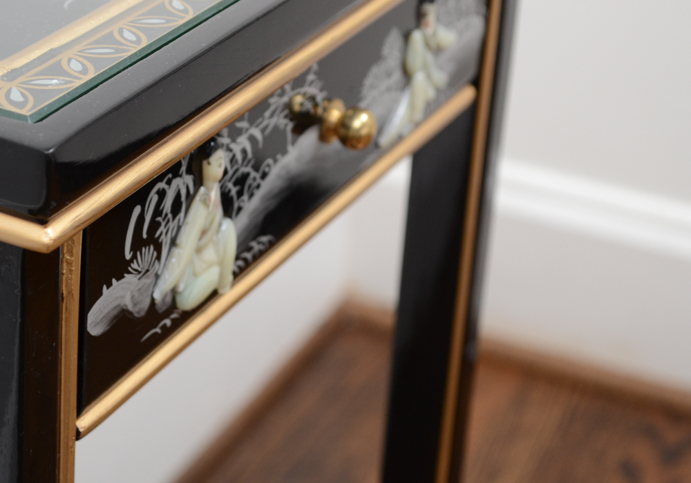 Chinese Black Lacquer Accent Table with Hand-Carved Mother-of-Pearl