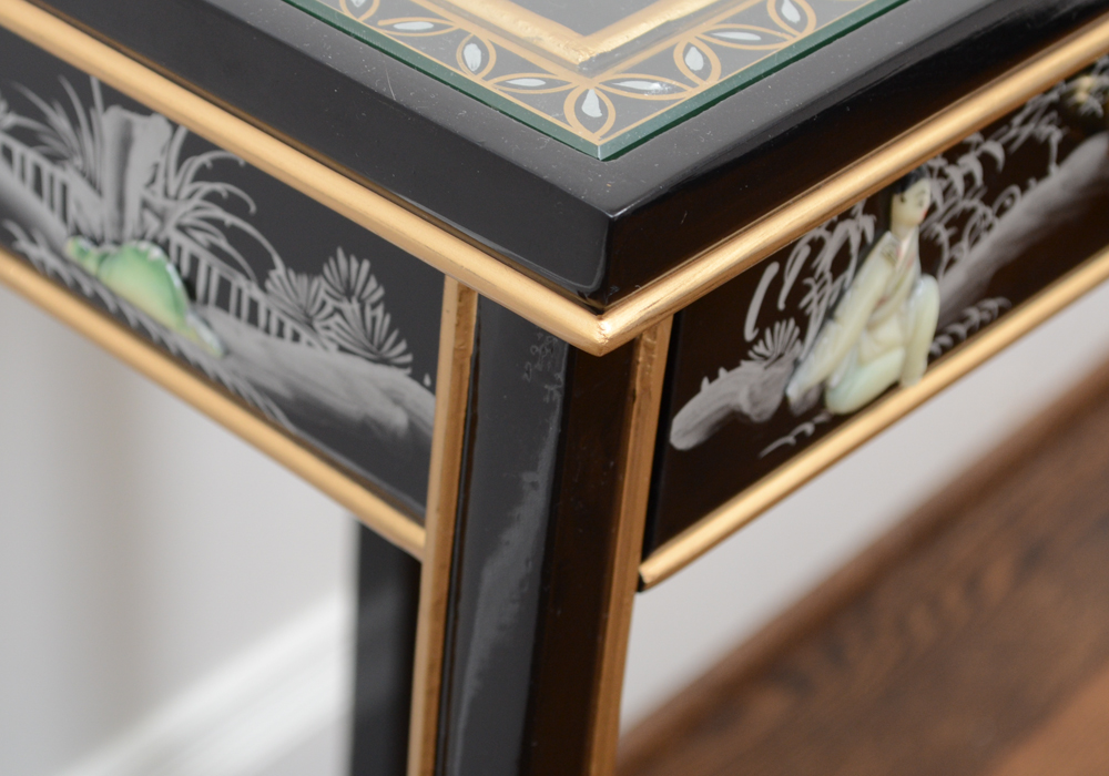 Chinese Black Lacquer Accent Table with Hand-Carved Mother-of-Pearl