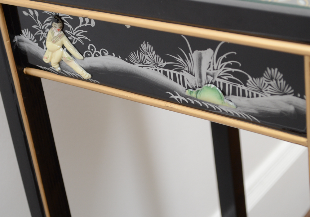 Chinese Black Lacquer Accent Table with Hand-Carved Mother-of-Pearl