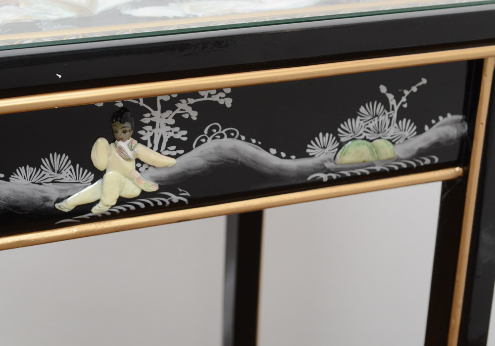 Chinese Black Lacquer Accent Table with Hand-Carved Mother-of-Pearl