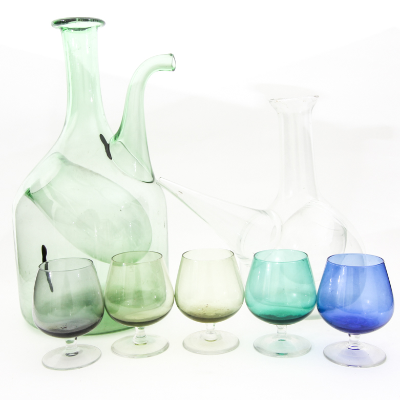 Collection of Porron Wine Pitchers  and Brandy Snifters