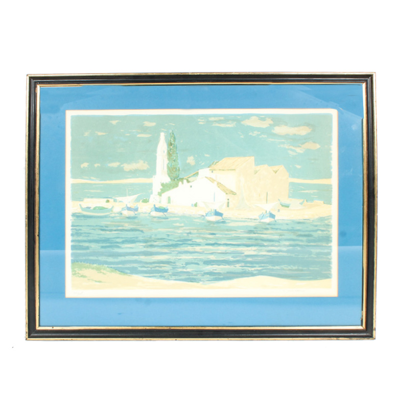 Jacques Gaston Moreau Offset Lithograph Print “Boats In Harbor”