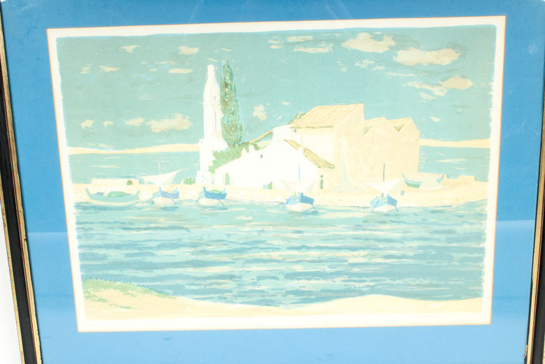 Jacques Gaston Moreau Offset Lithograph Print “Boats In Harbor”