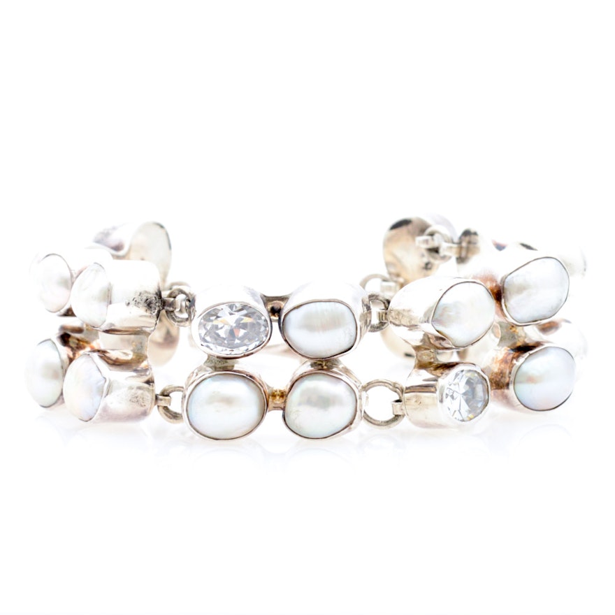 Sterling Silver Imitation Diamond and Freshwater Pearl Bracelet