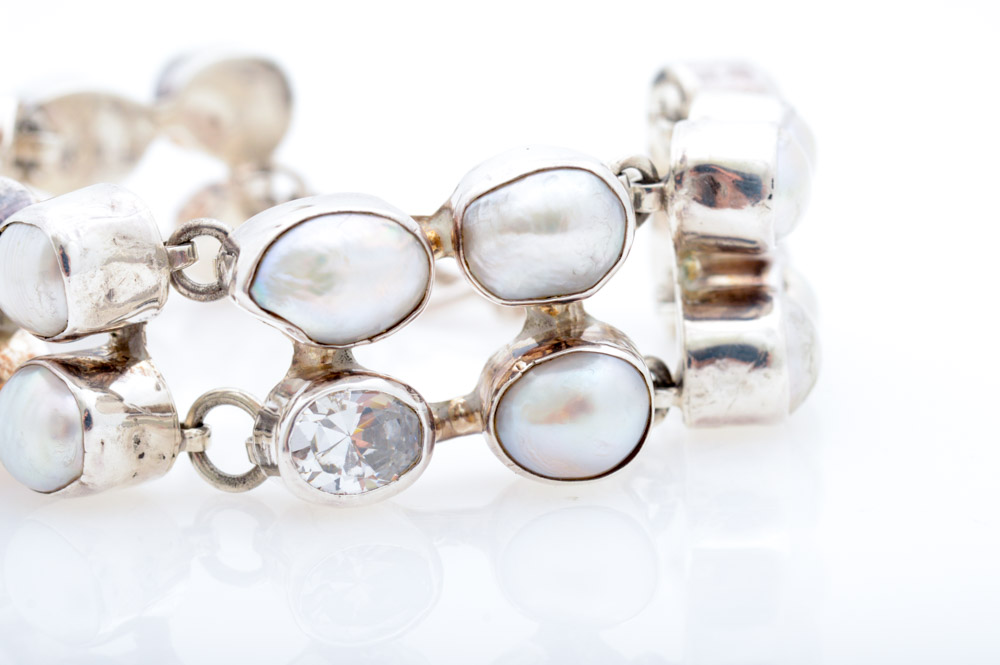 Sterling Silver Imitation Diamond and Freshwater Pearl Bracelet