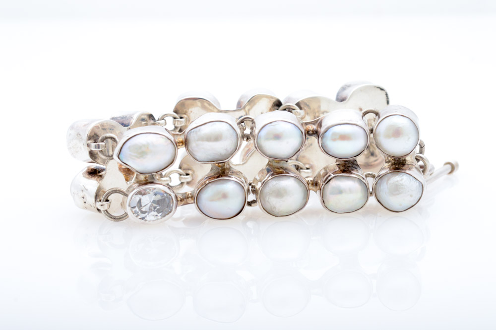 Sterling Silver Imitation Diamond and Freshwater Pearl Bracelet