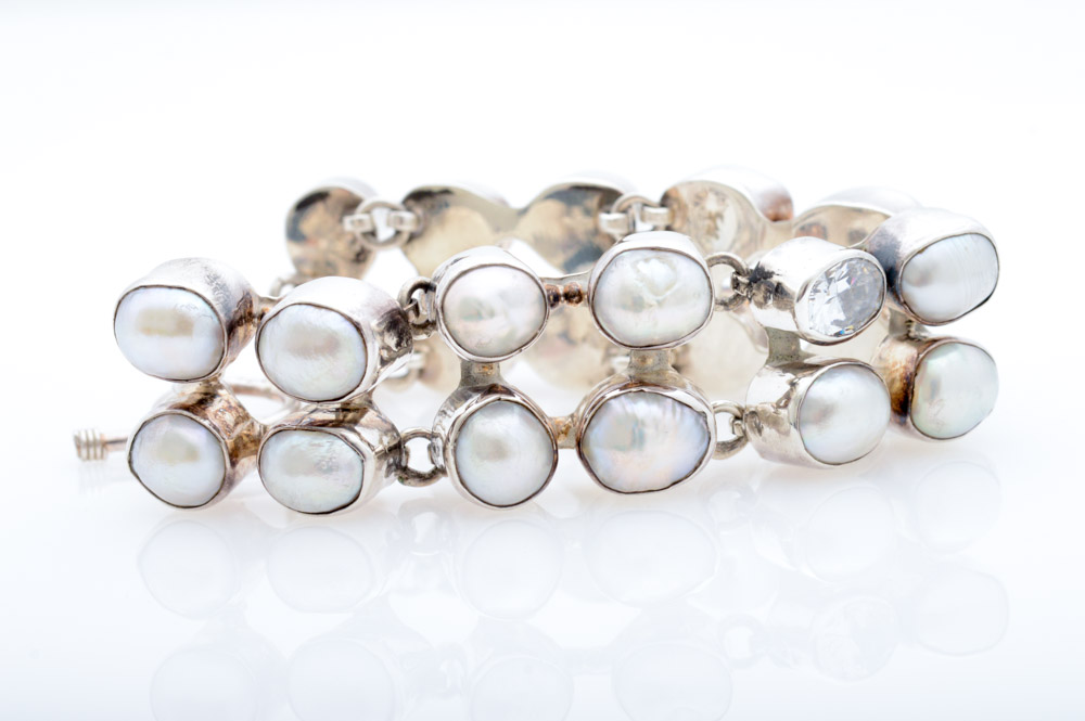 Sterling Silver Imitation Diamond and Freshwater Pearl Bracelet