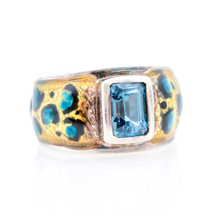 Sterling Silver Leopard Pattern with Blue Topaz Ring