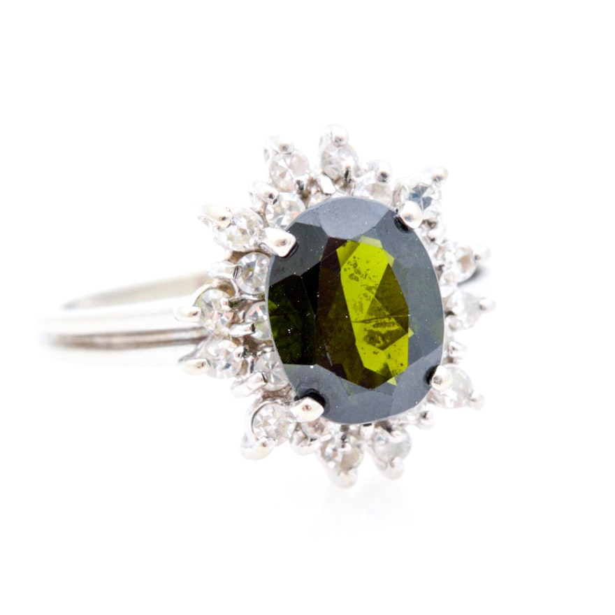 14K White Gold Green Tourmaline and Diamond Ring