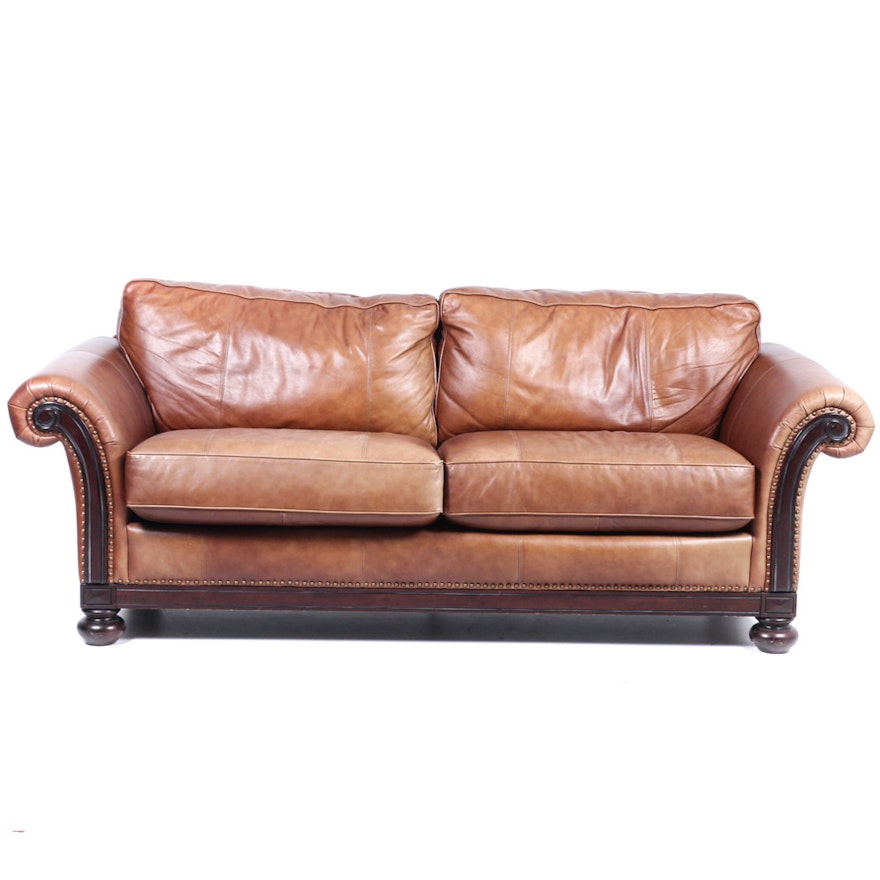 Bernhardt Leather Sofa with Brass Tack Detail