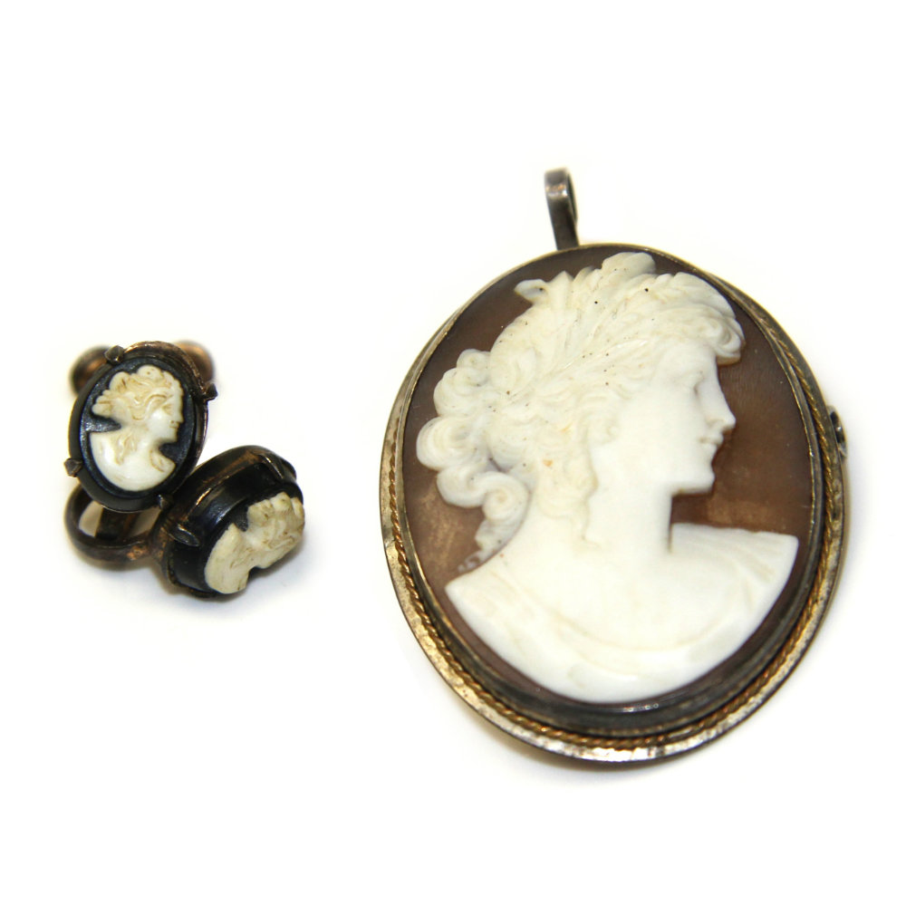 Vintage Sterling and Cameo Pendant and Gold Plated Sterling Cameo Earrings