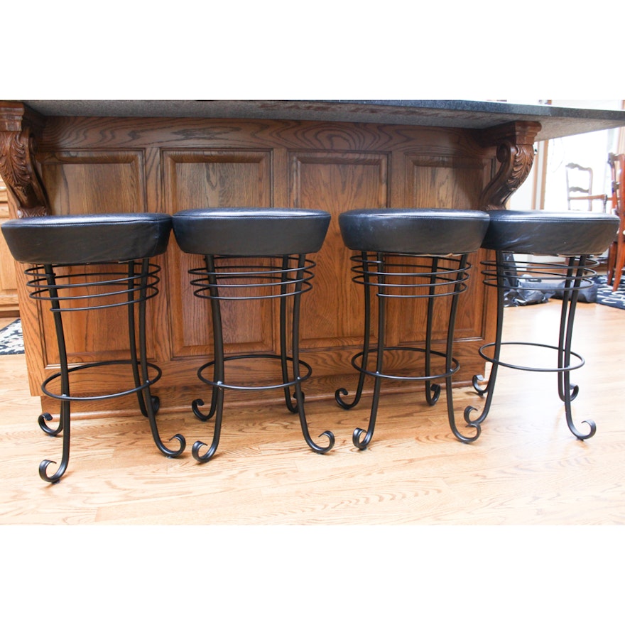 Four Wrought Iron and Leatherette Stools by Créations Gibo