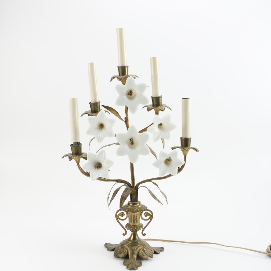 Antique French Brass and Milk Glass Flower Altar Candelabra