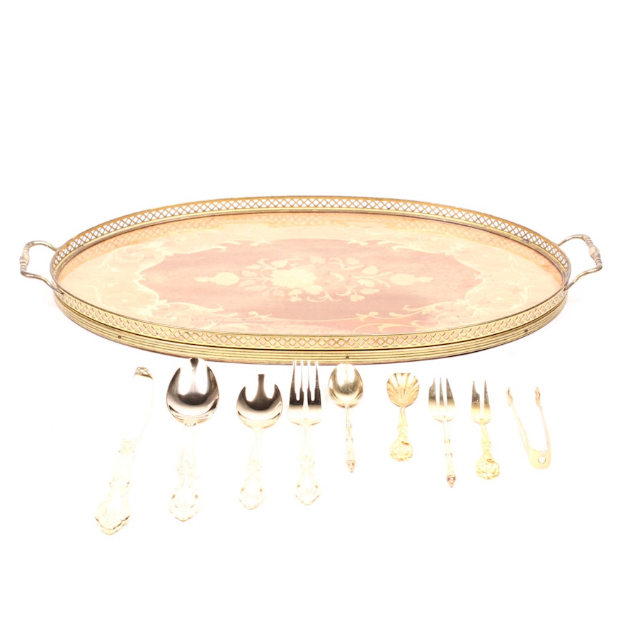 Stainless Gold Tone Flatware and Tray