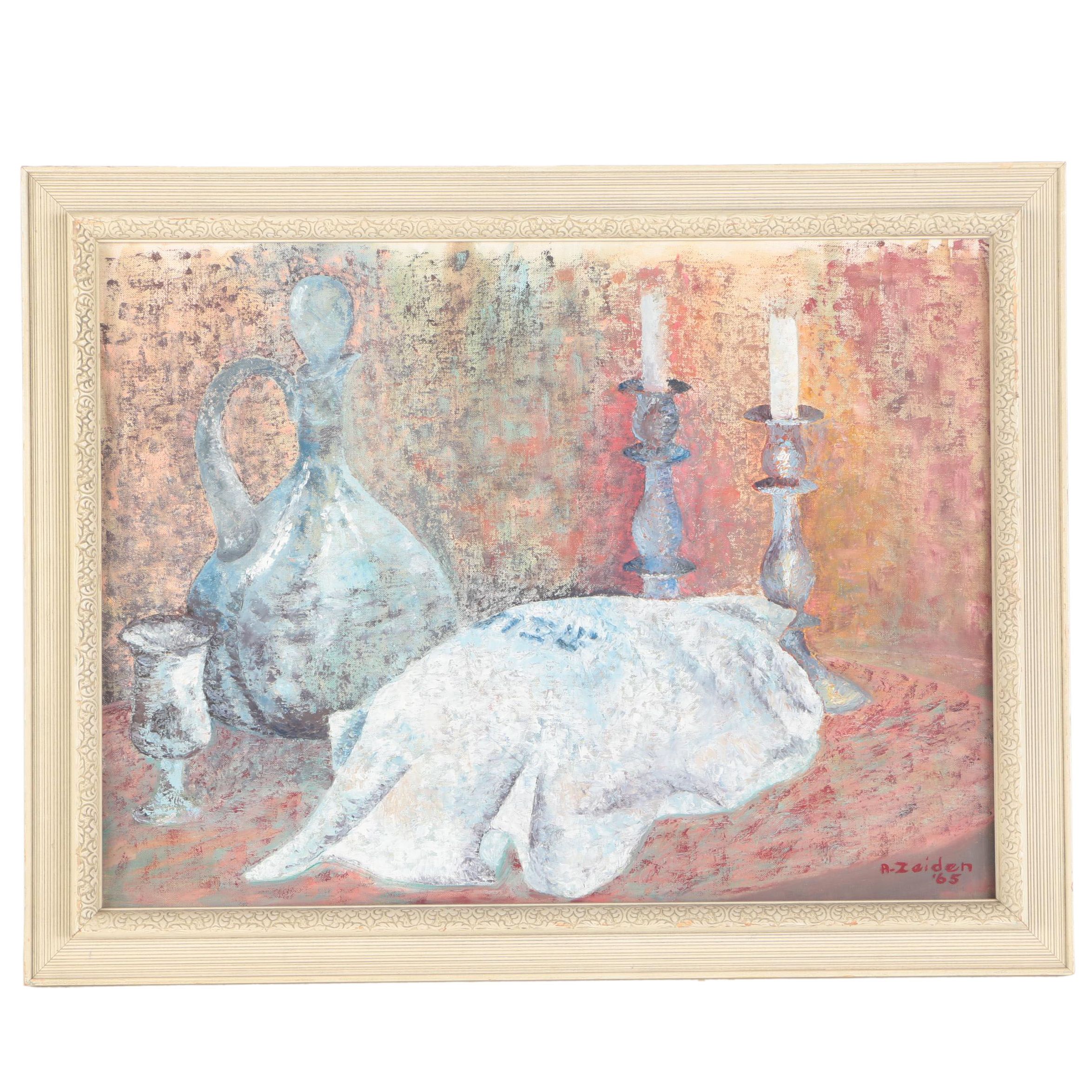Anita Zeiden Oil Painting on Wood Panel of a Sabbath Table