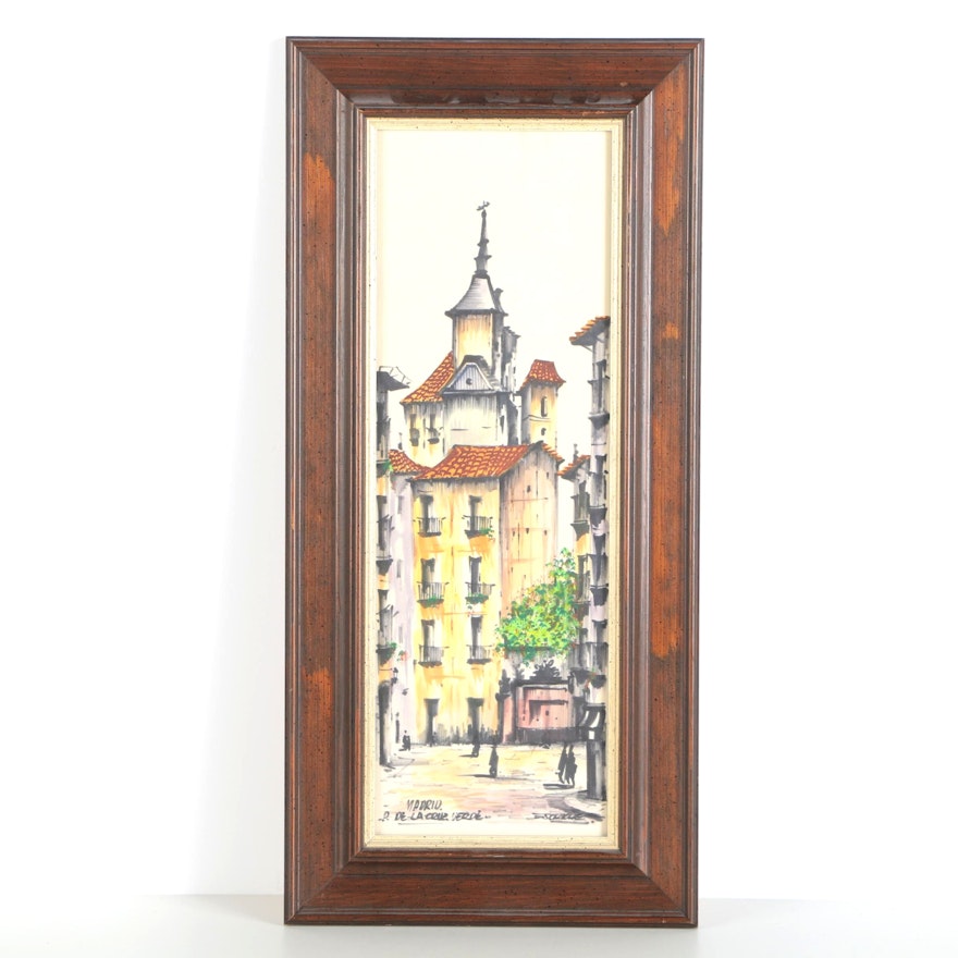 Signed Watercolor on Paper "Madrid. D. De La Cruz Verde"