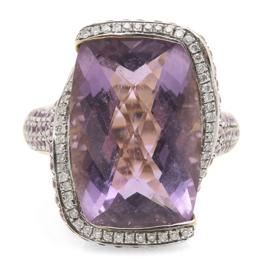 14K Yellow Gold 10.22 CT Amethyst, Diamond, and Pink Sapphire Cocktail Ring