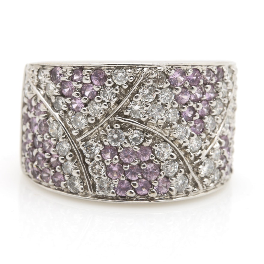 18K White Gold Diamond and Pink Sapphire Barrel Ring