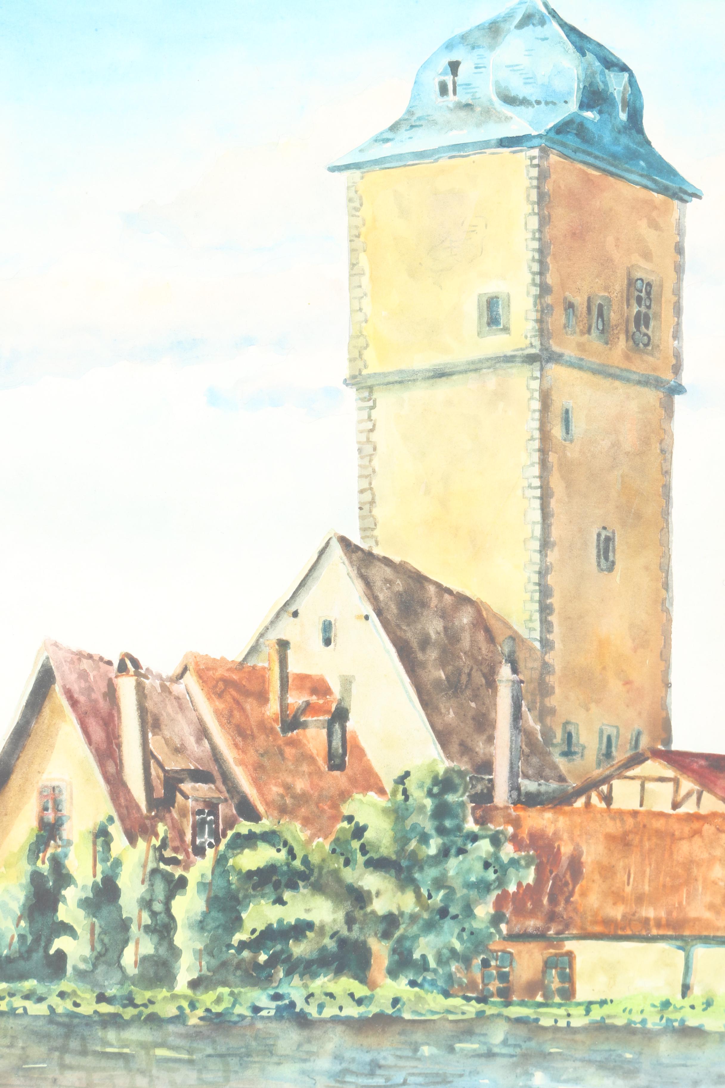 Watercolor Painting on Paper of Rustic Townscape
