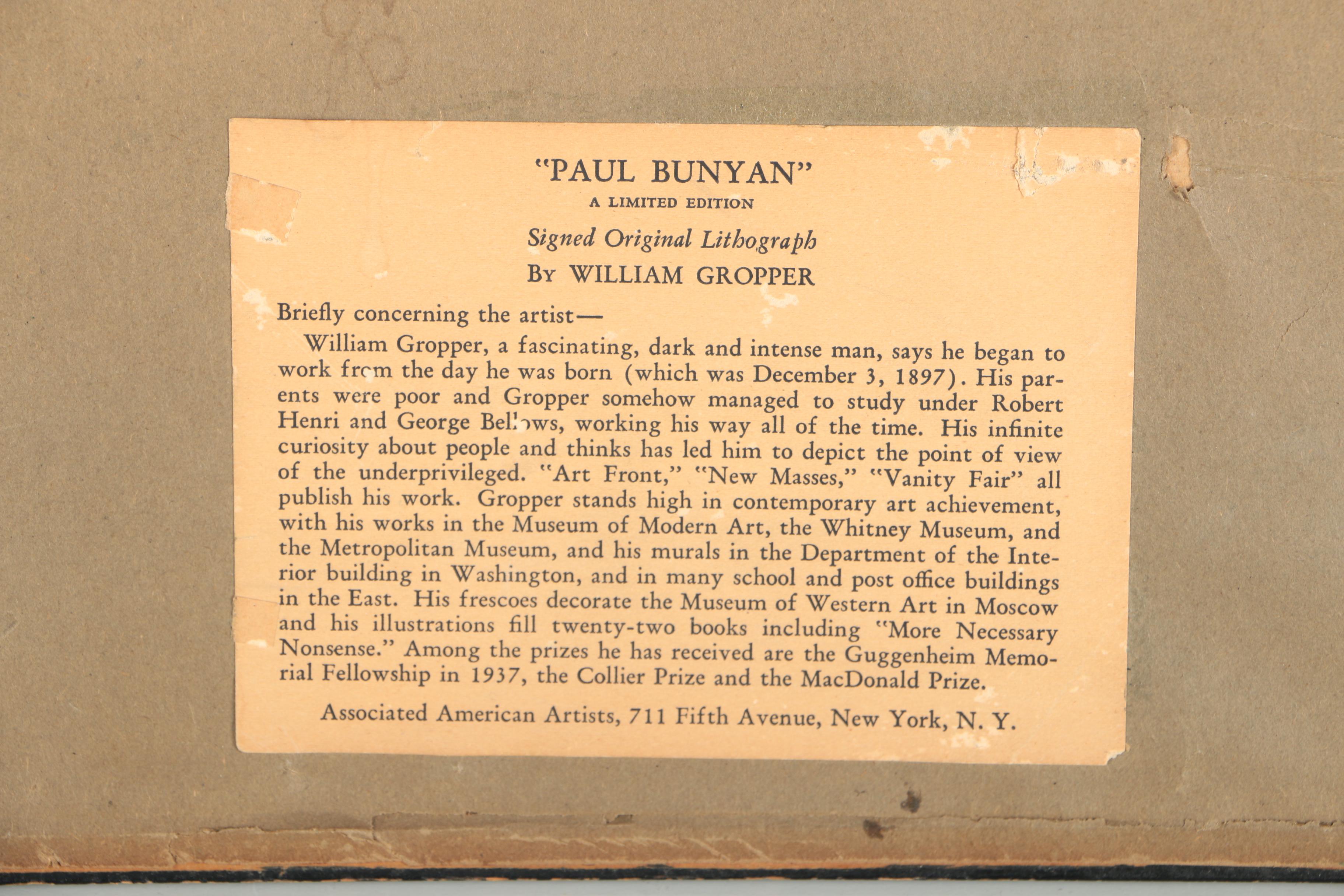 William Gropper Limited Edition Lithograph "Paul Bunyan"