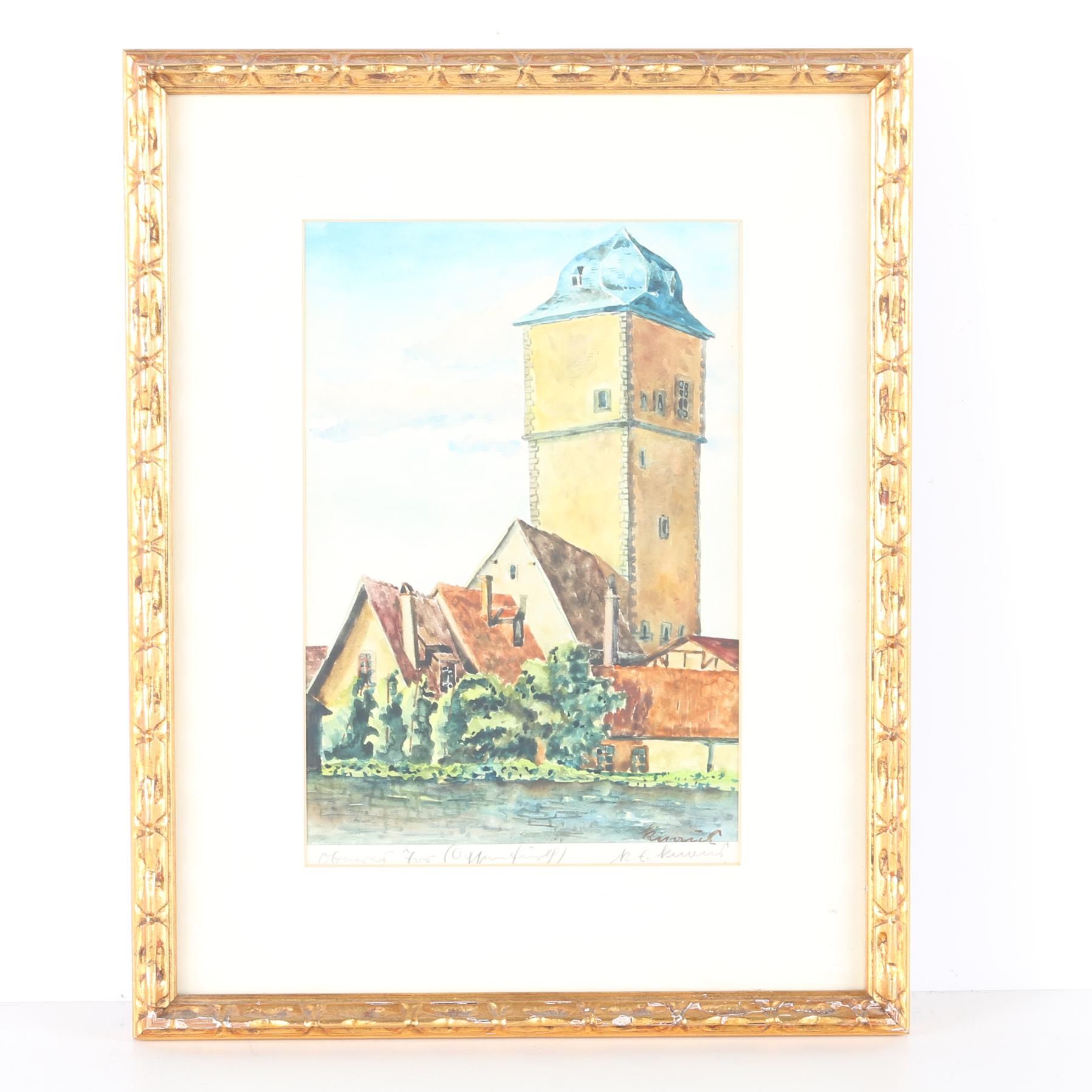 Watercolor Painting on Paper of Rustic Townscape