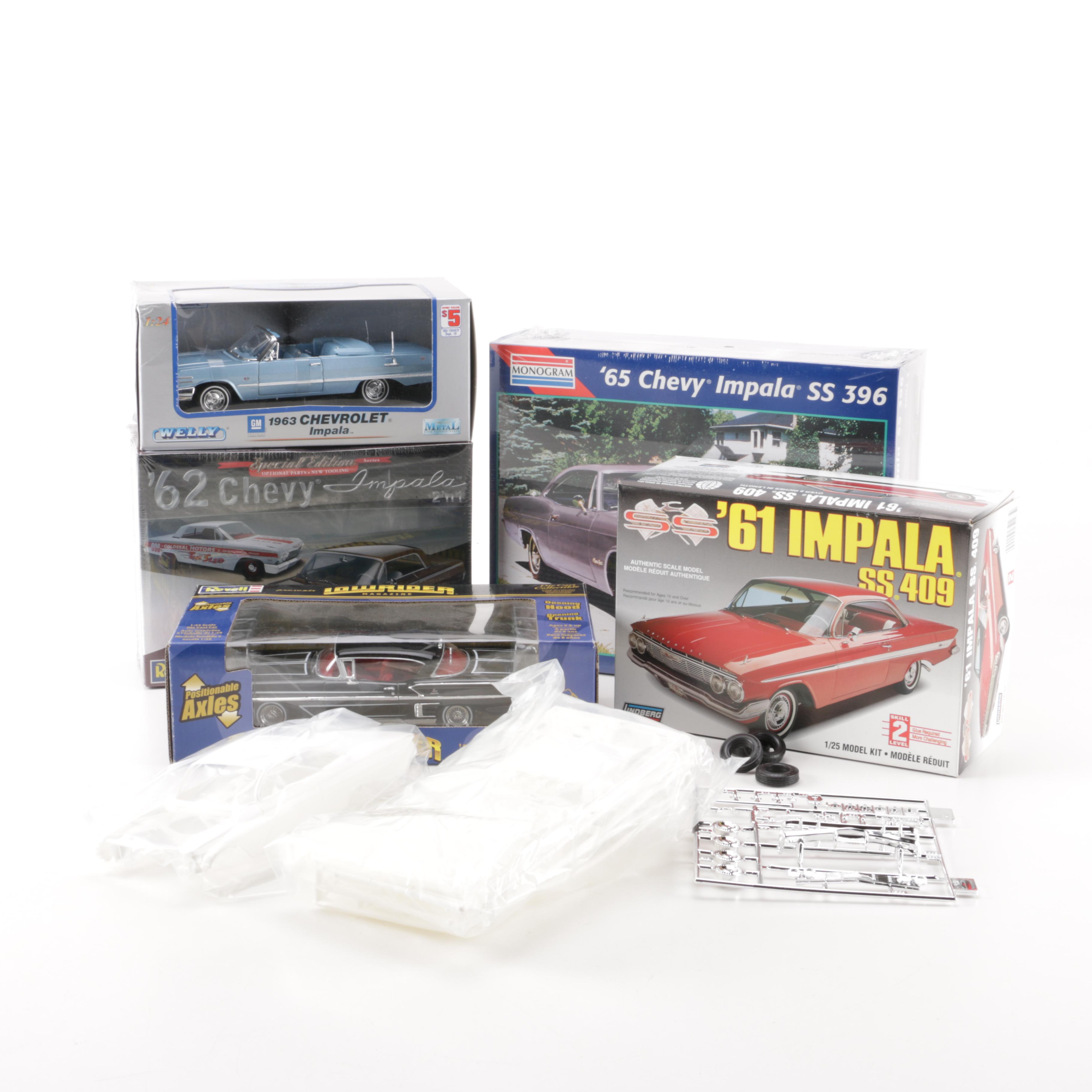 Assortment of Chevy Impala Model Kits and Die-Cast Cars