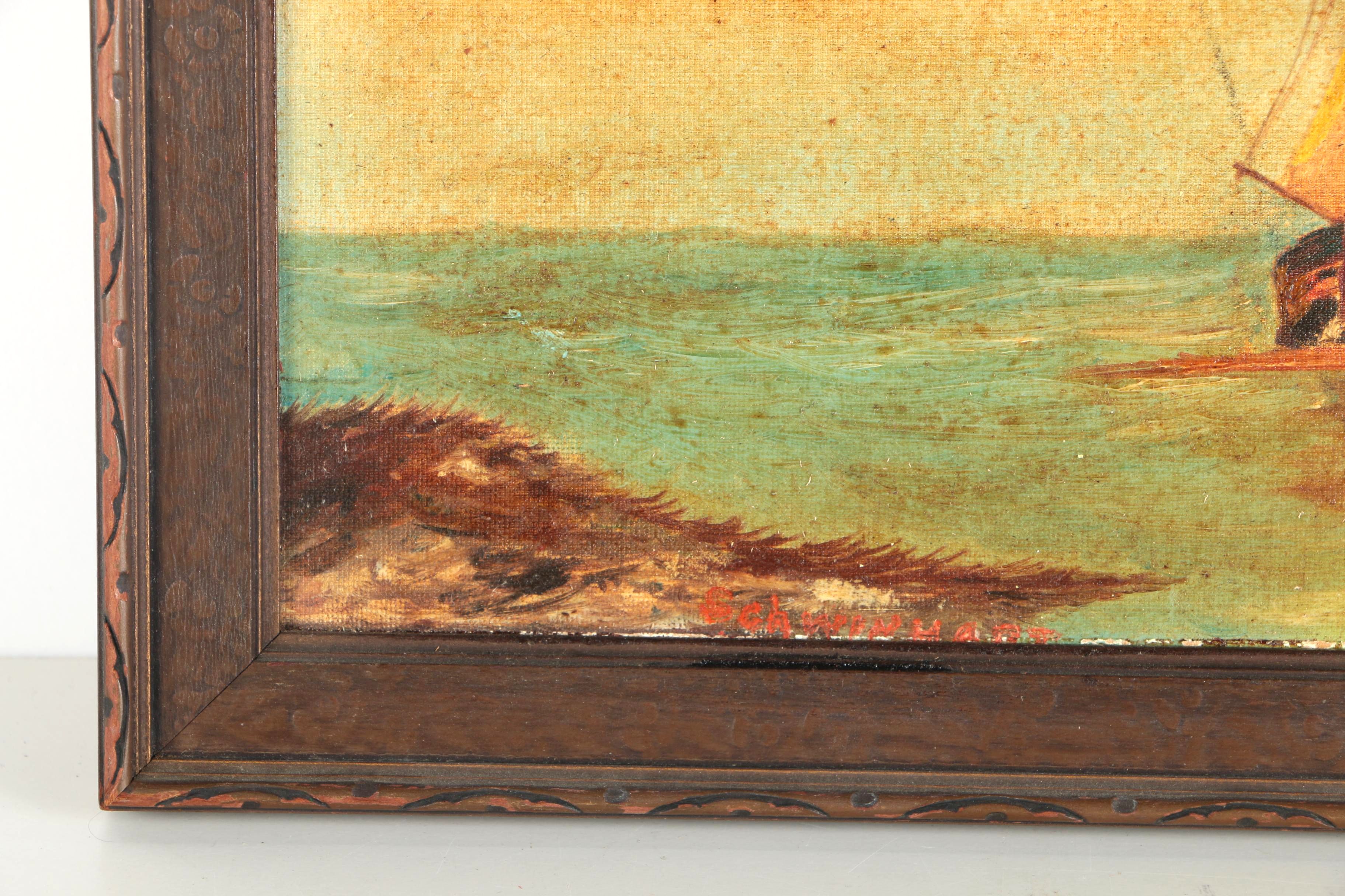 W. Schwinhart 1945 Oil on Canvas Board of Maritime Landscape With Capsizing Ships