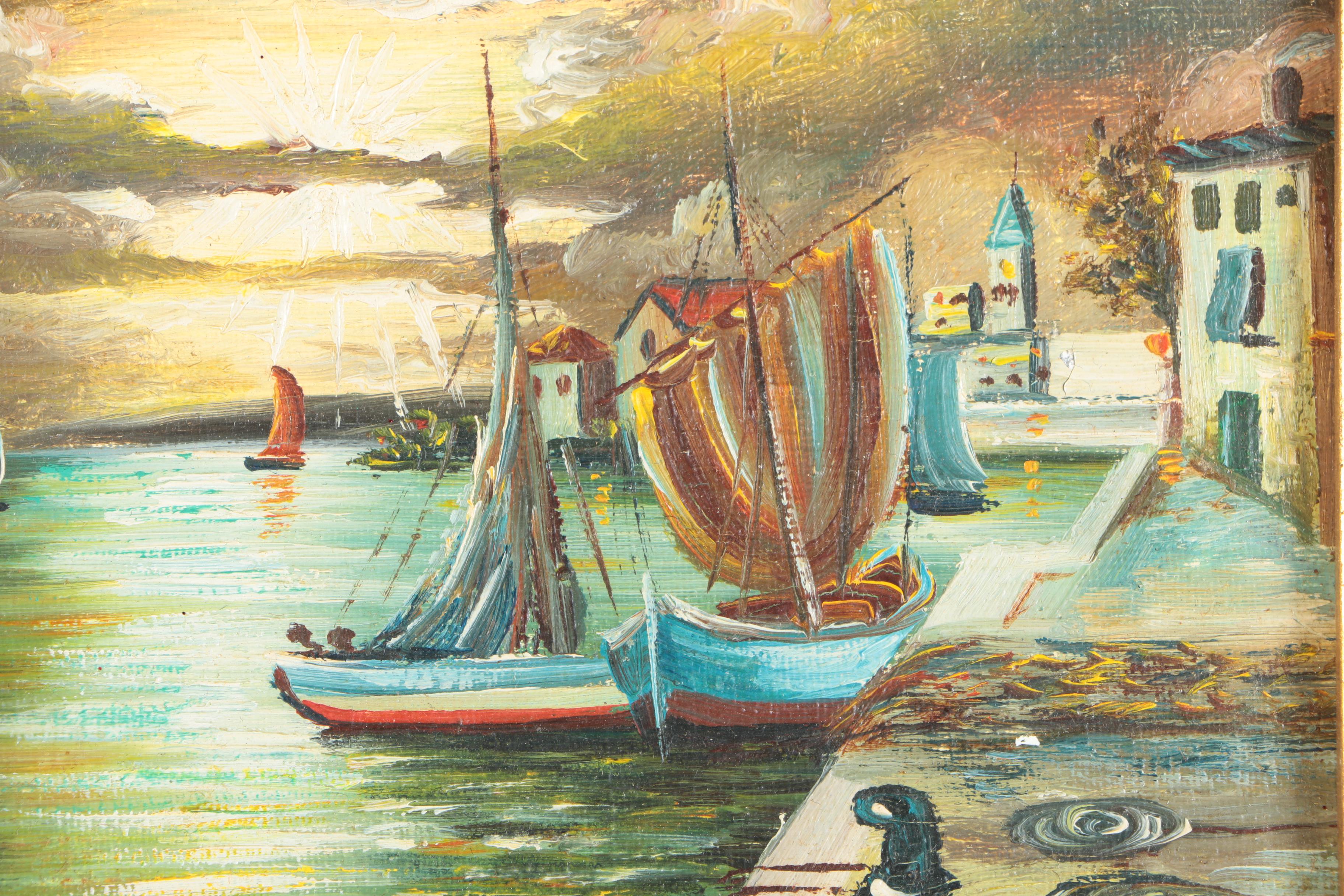 Original Signed Oil On Canvas Board of Ships At Harbor