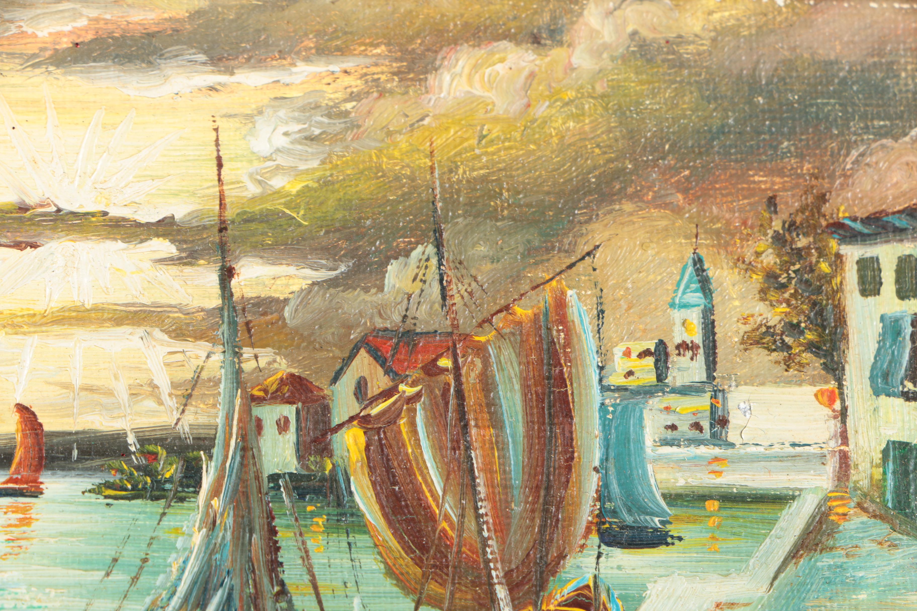 Original Signed Oil On Canvas Board of Ships At Harbor