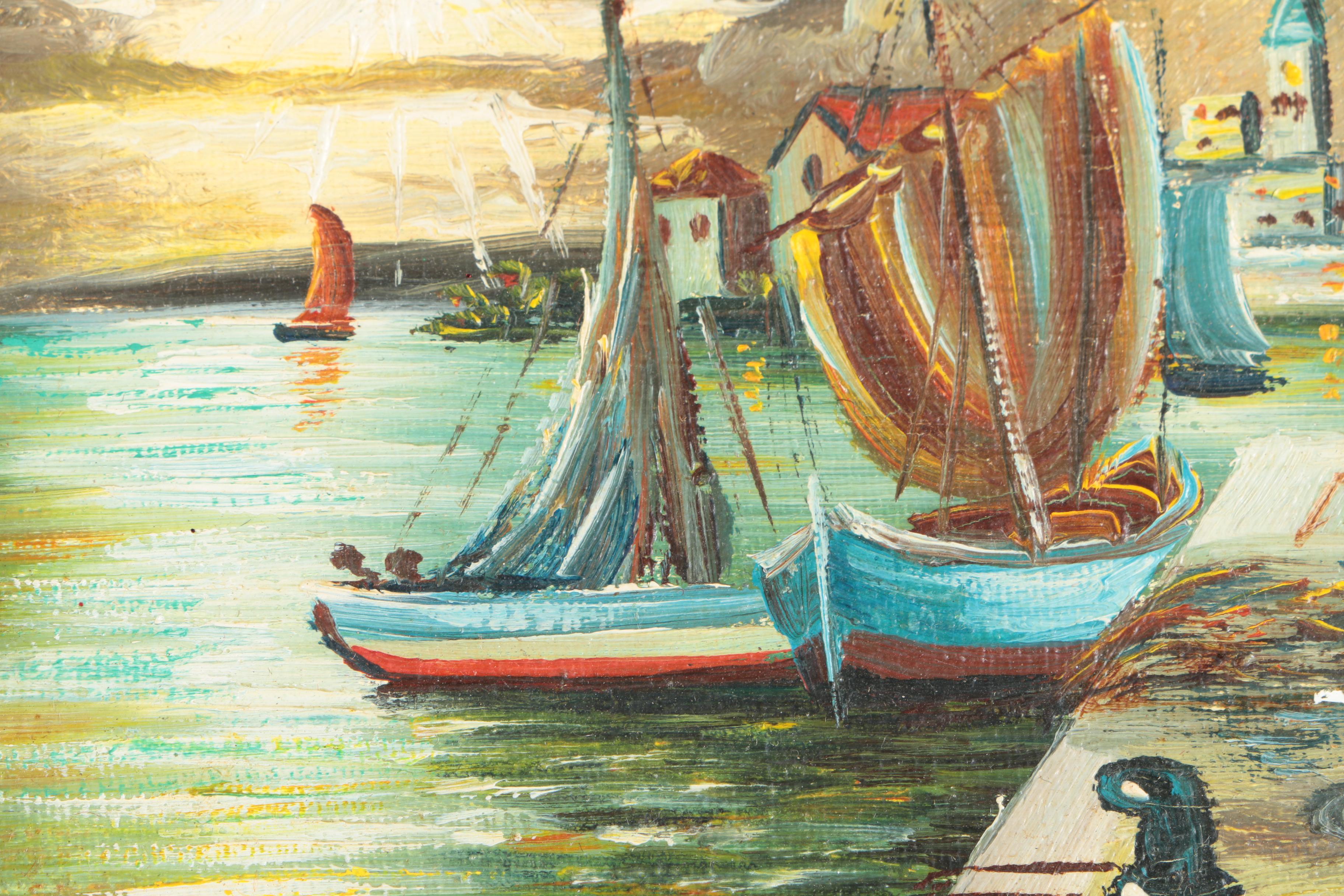 Original Signed Oil On Canvas Board of Ships At Harbor