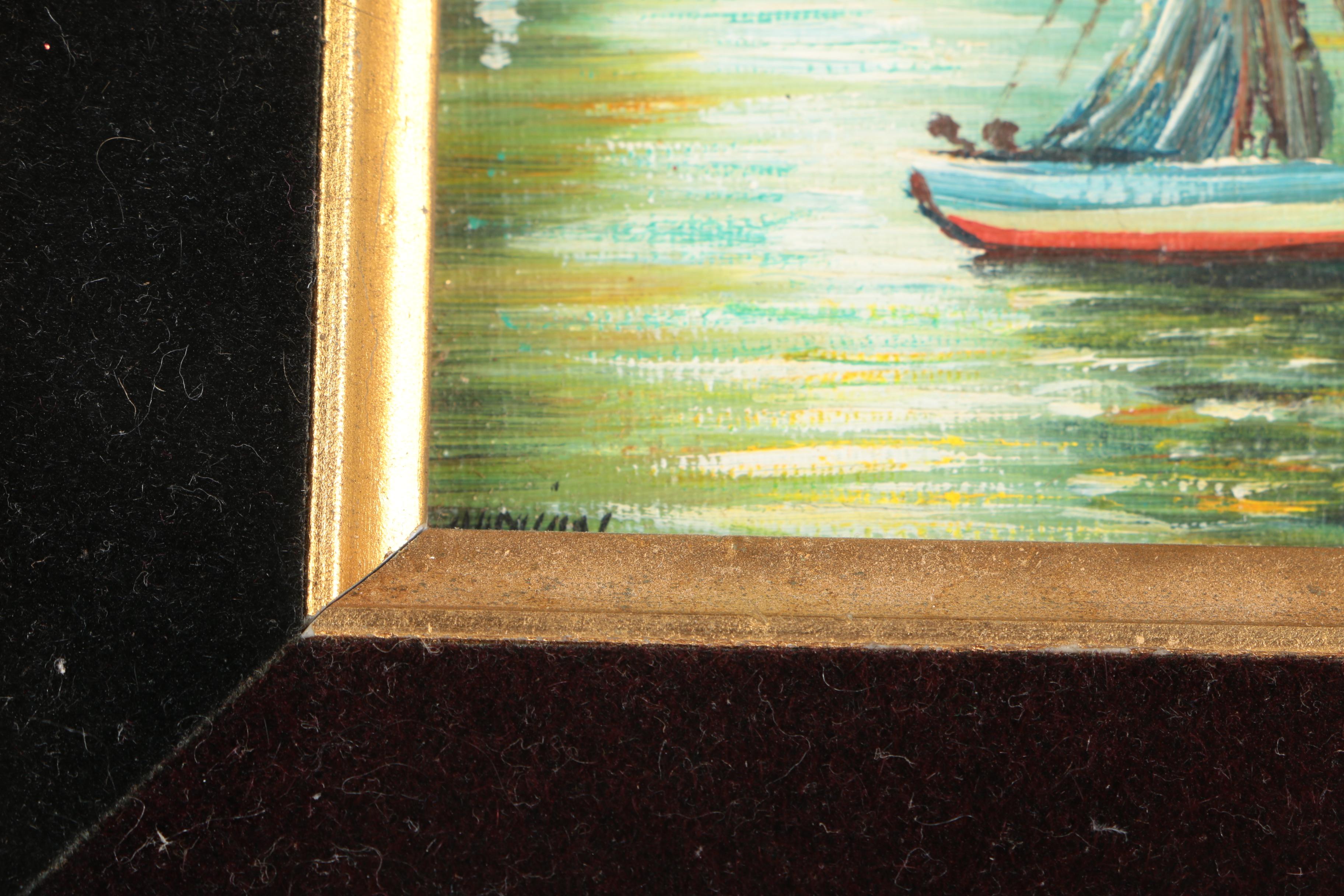 Original Signed Oil On Canvas Board of Ships At Harbor