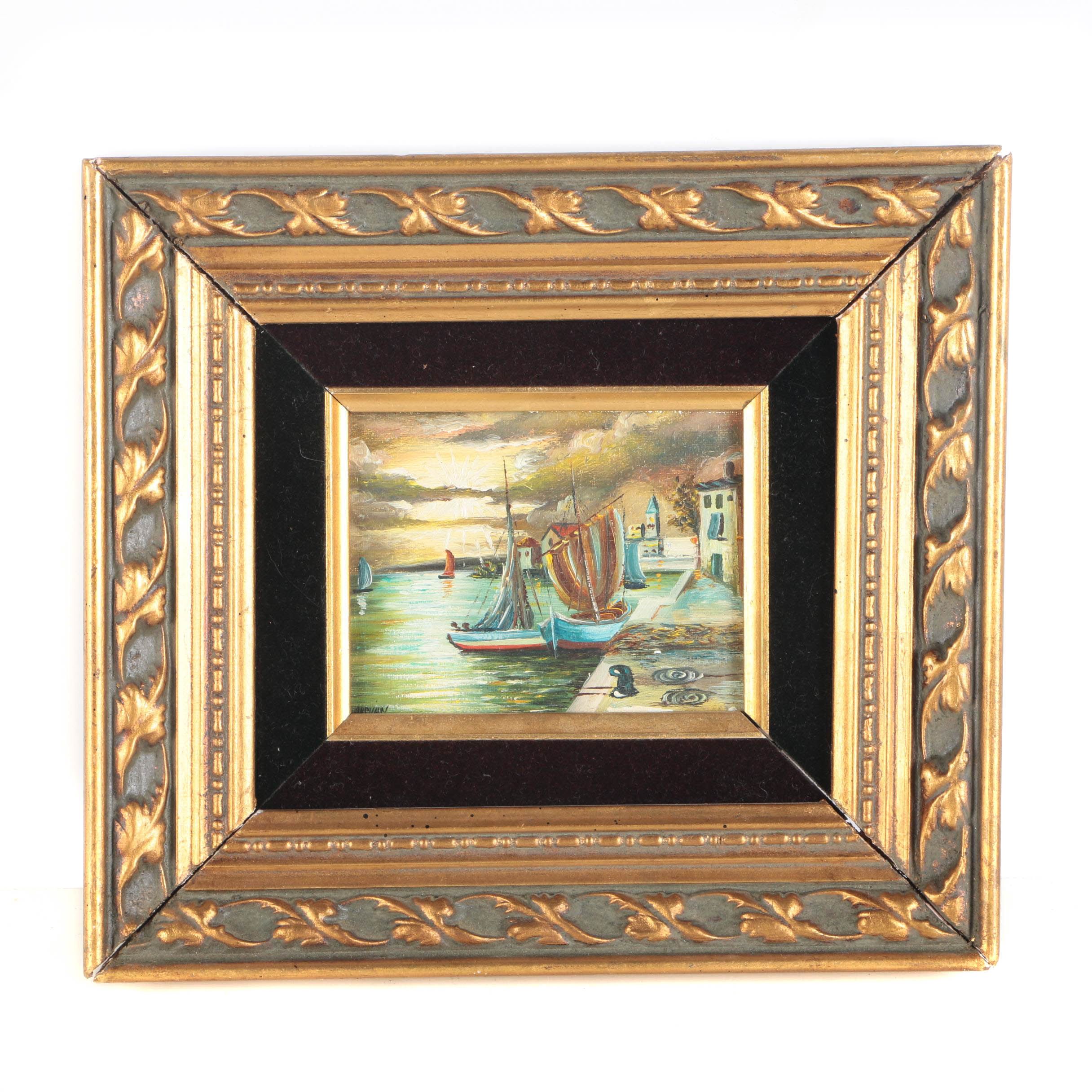 Original Signed Oil On Canvas Board of Ships At Harbor